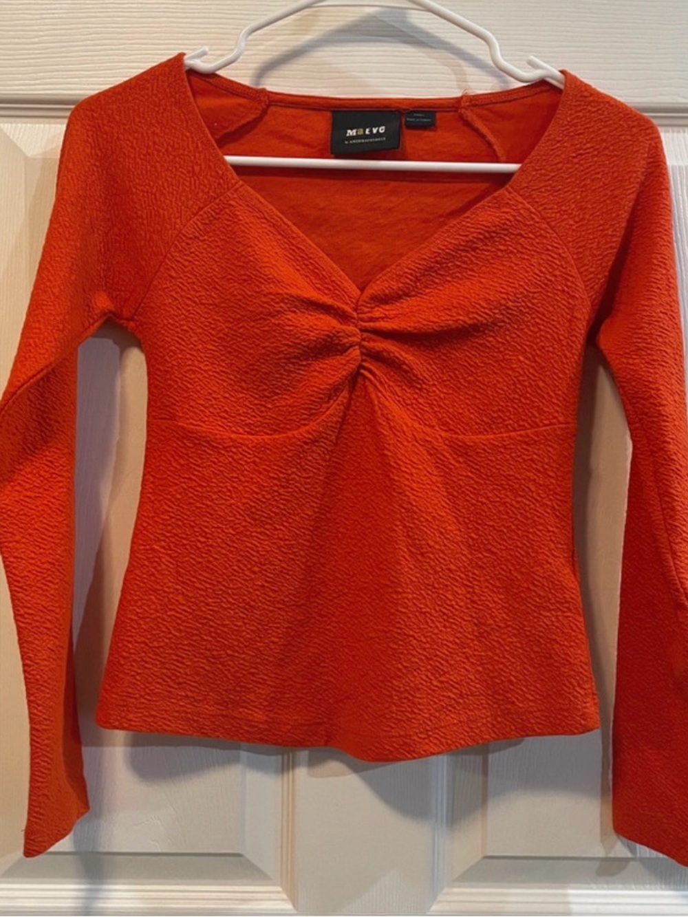 Maeve Anthropologie Sweetheart Top XS Orange Textured Ruched Long Sleeve